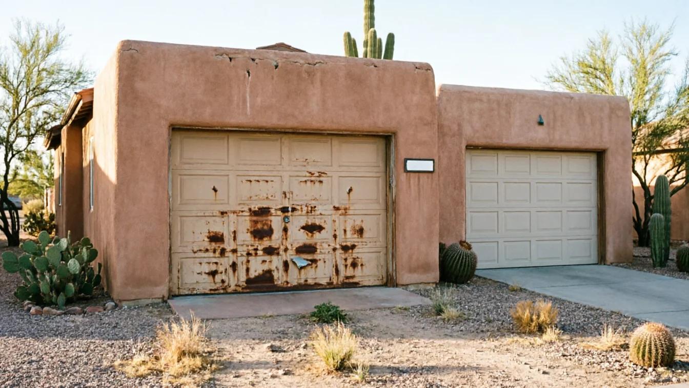 A house with a rusty garage door and a clean garage door, surrounded by desert plants.