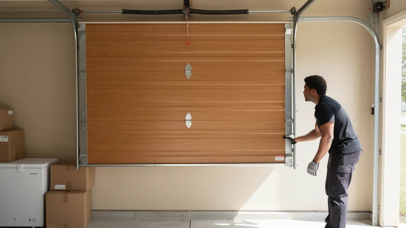 A technician is installing a brown wood-look garage door.