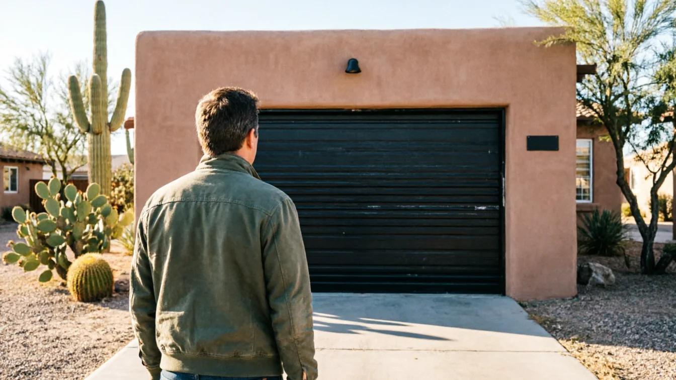 A person stands facing a closed black garage door on a stucco house.