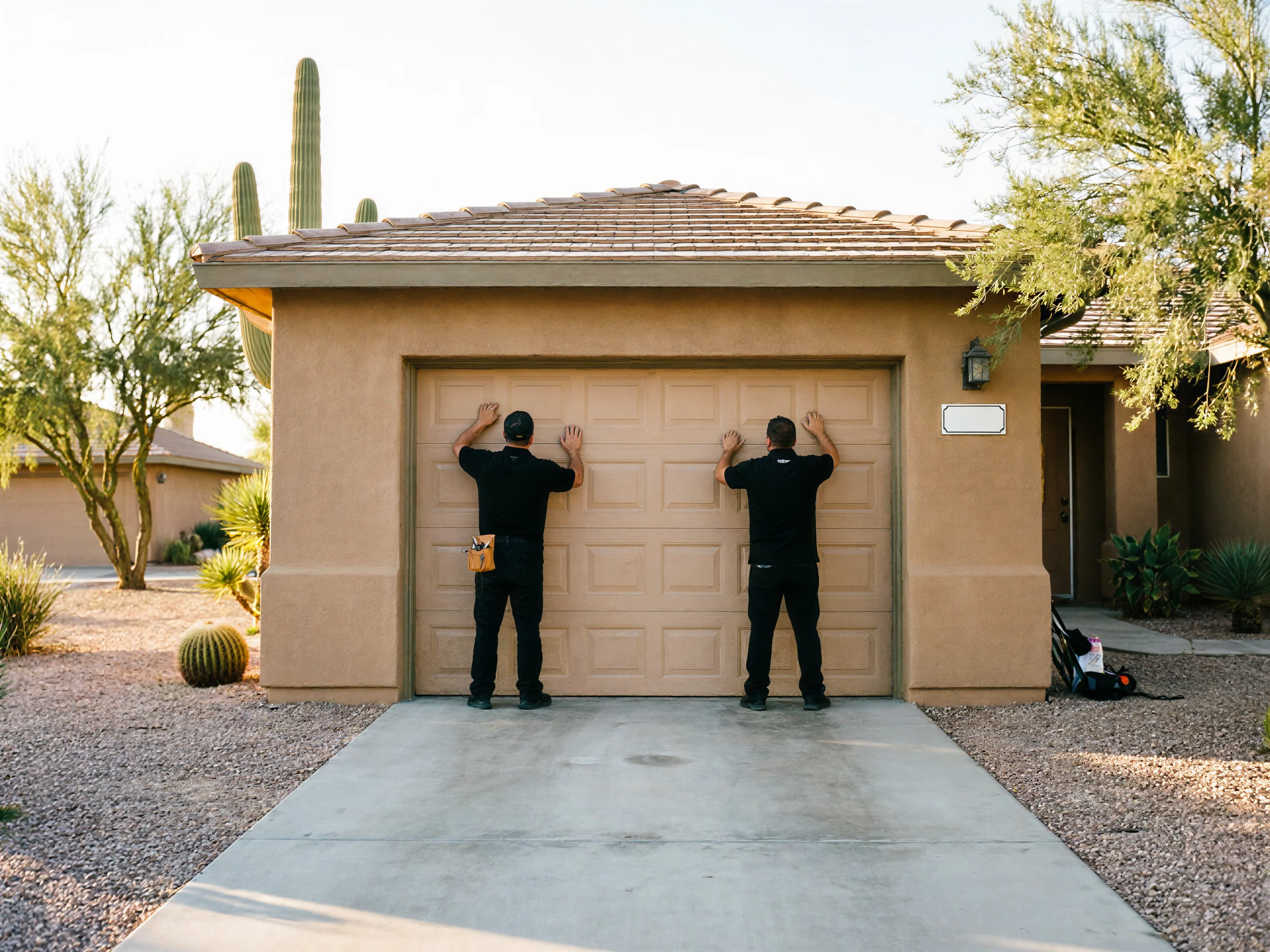 Two technicians push on a tan garage door of a stucco house.