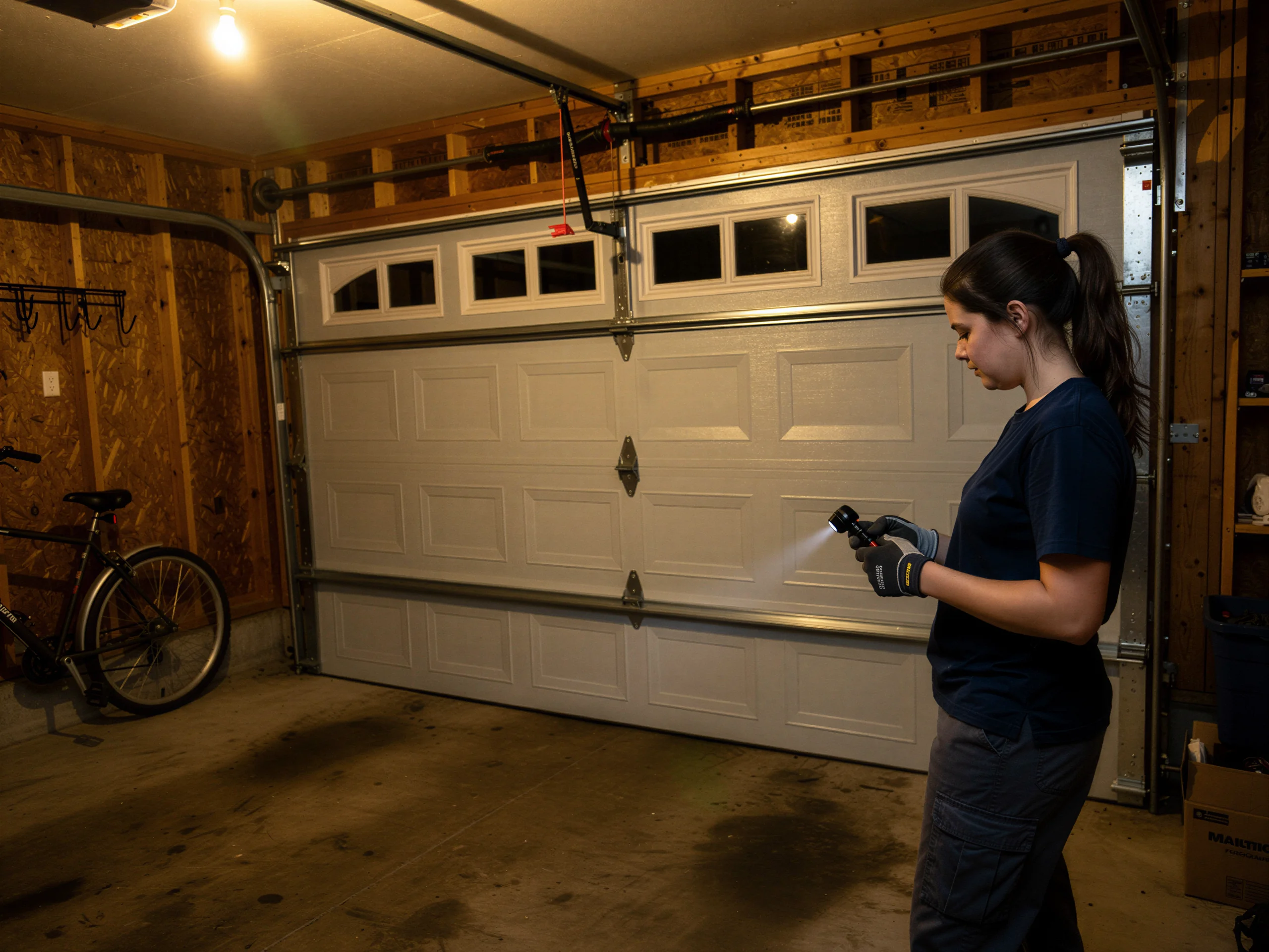 A technician in gloves holds a flashlight in front of a closed garage door.
