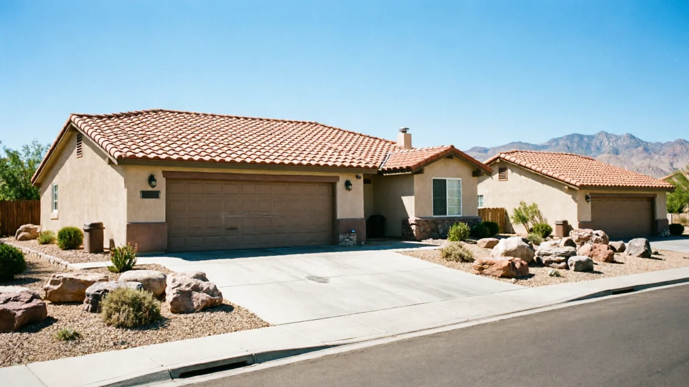 The house has a brown garage door, a tiled roof, and a rock-filled yard.