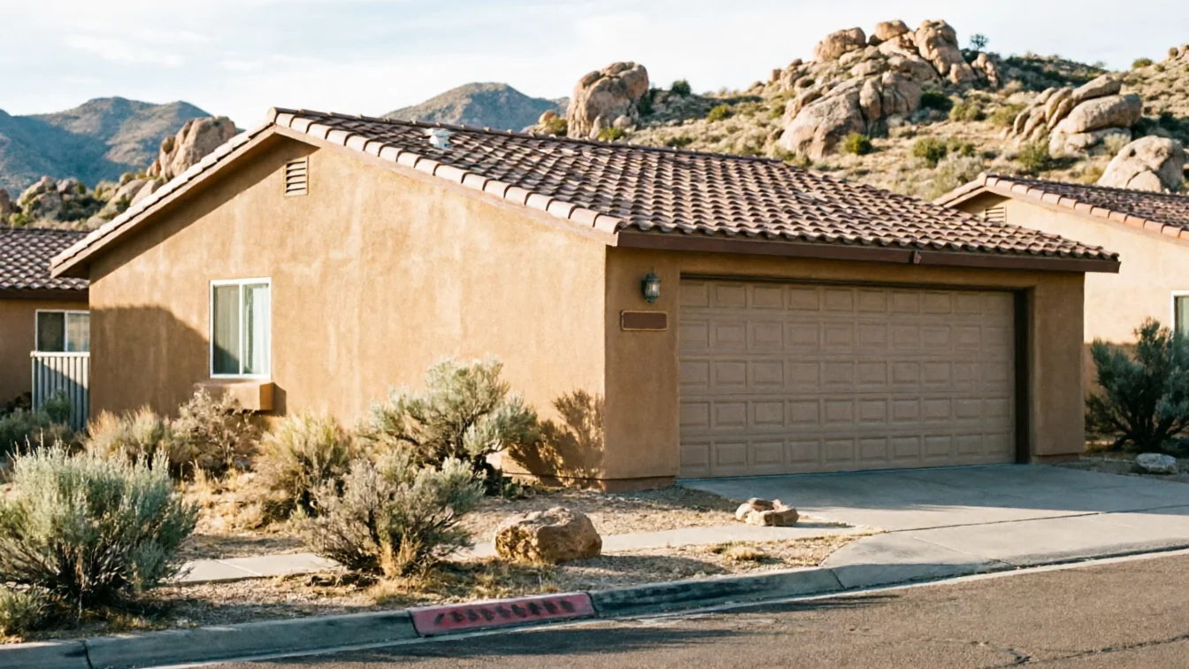 A tan house with a brown garage door and a tiled roof.